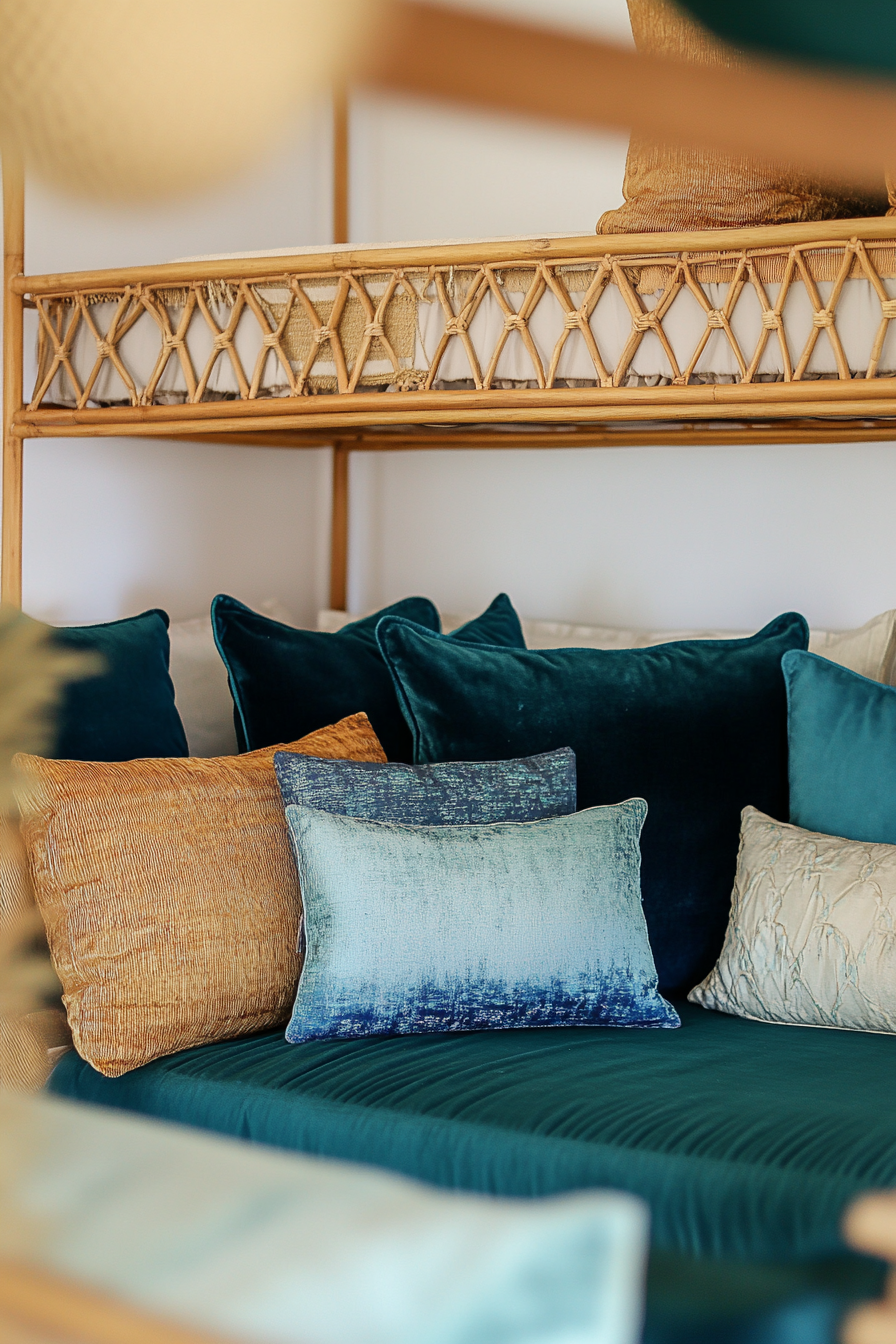 Upper level design. Wall-to-wall velvet cushions in a rattan-frame loft bed.