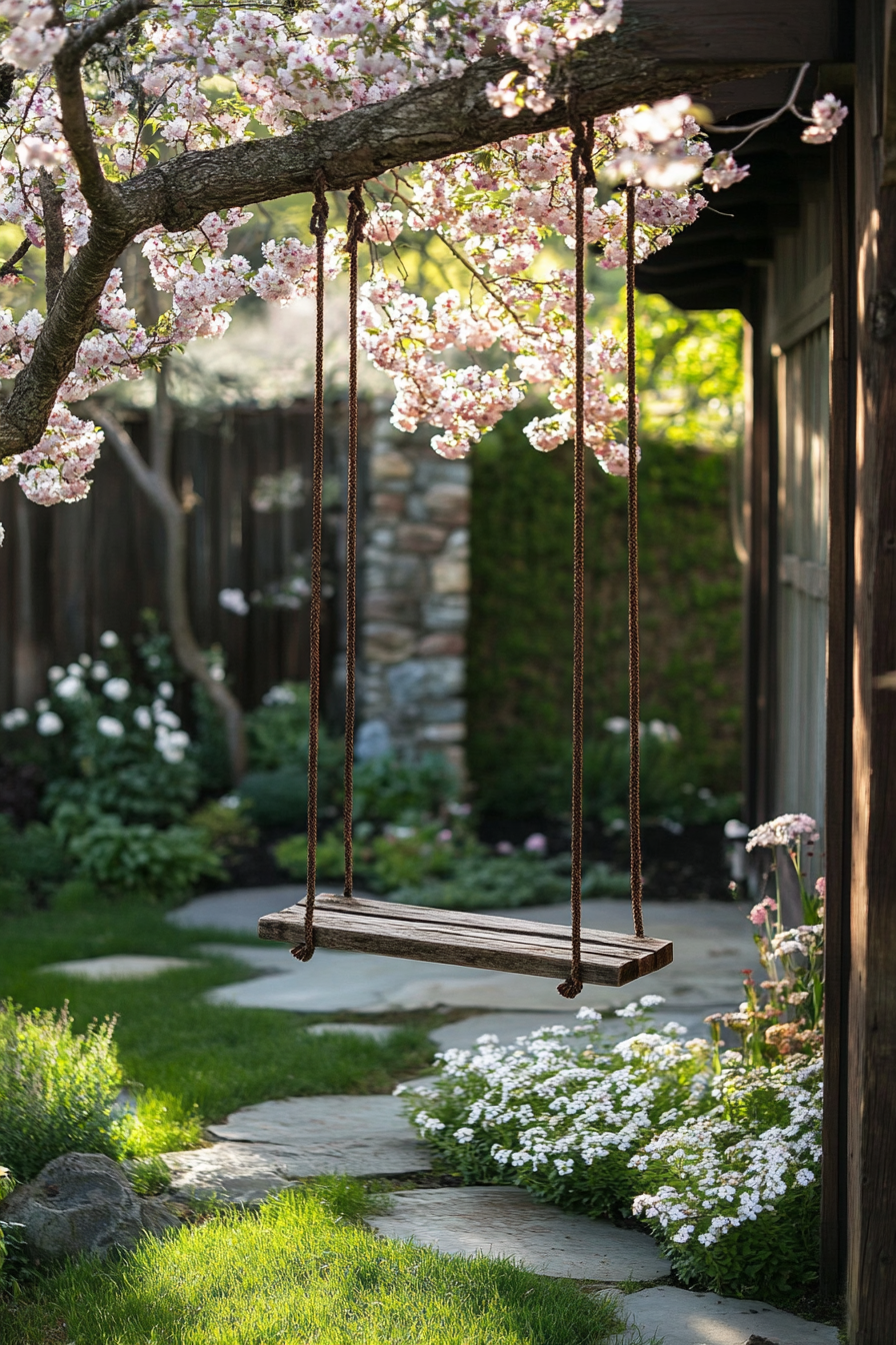 Cottagecore outdoor space. Rustic wooden swing hanging from a blossom-covered tree