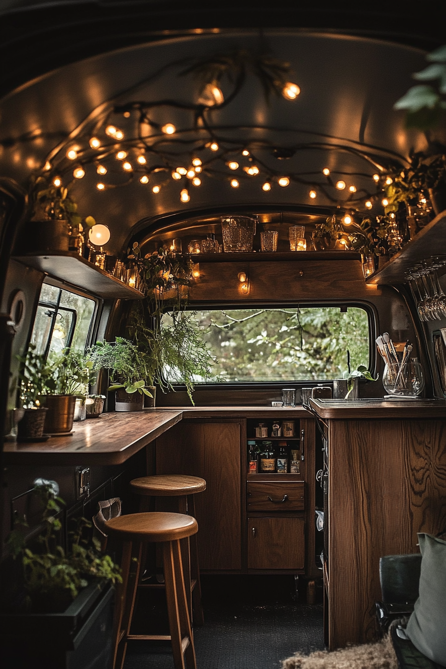 Moody mobile workspace. Retro campervan with dark wood accents and hanging fairy lights.