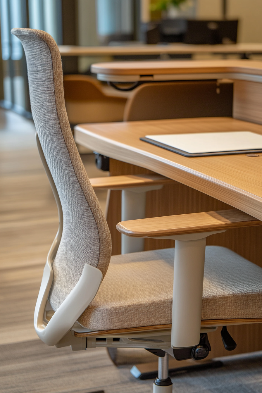 Mobile workspace design. Bamboo desk with beige ergonomic chair.