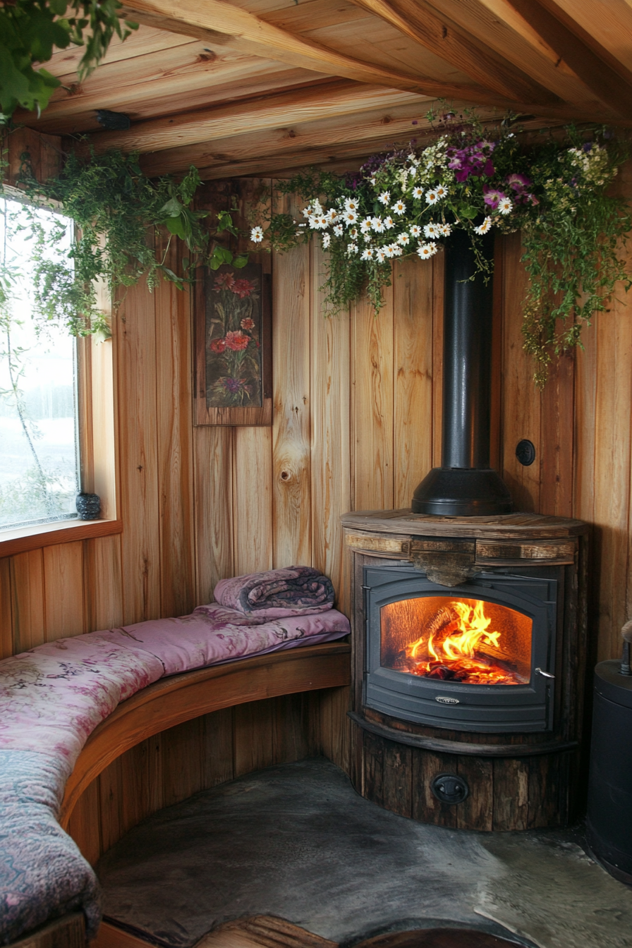 Sauna Design. Corner Wood-Burning Stove, Daisy Chain Willow Bench, Cedar Panel Walls