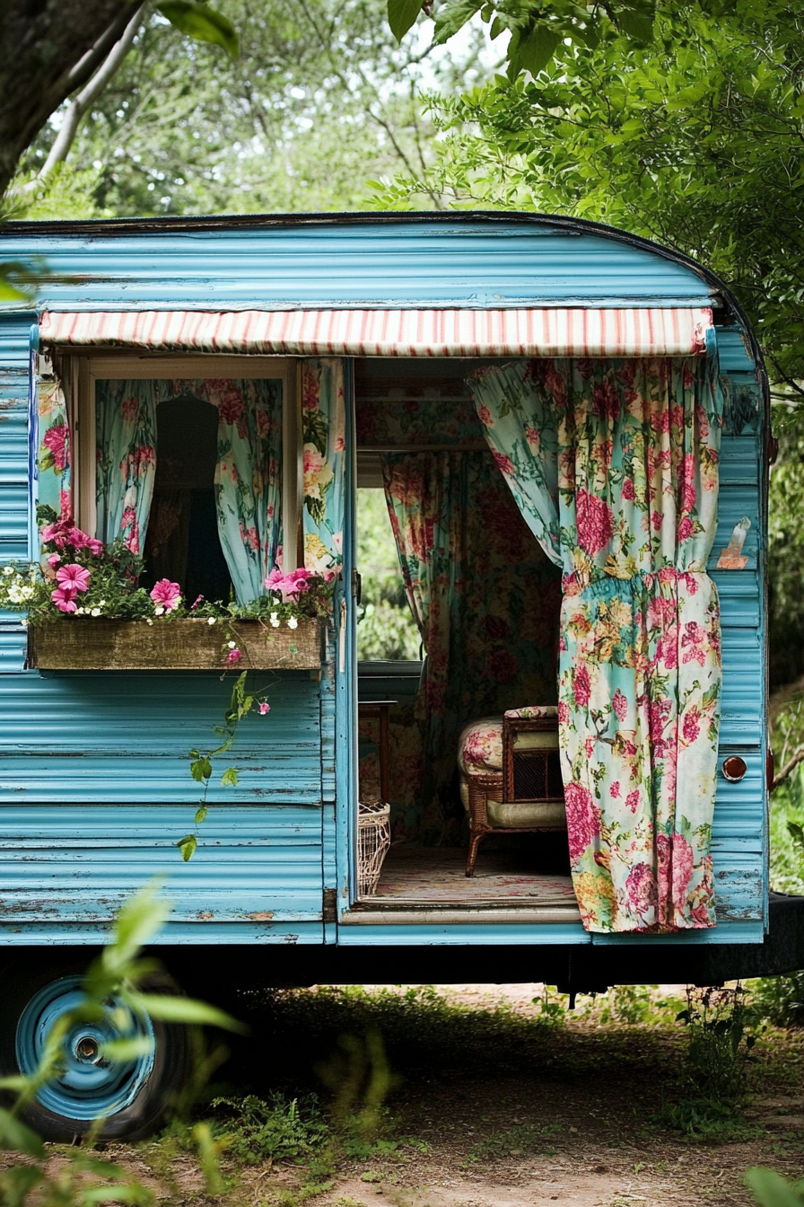 Camper design. Blue stripe exterior with florid chintz curtains.