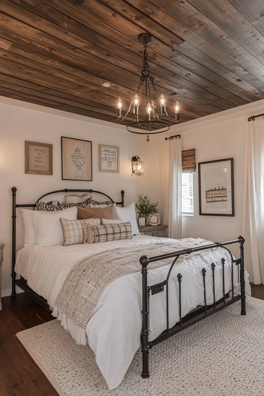 Rustic-chic bedroom. Shiplap ceiling, white color scheme, black wrought iron bed frame.