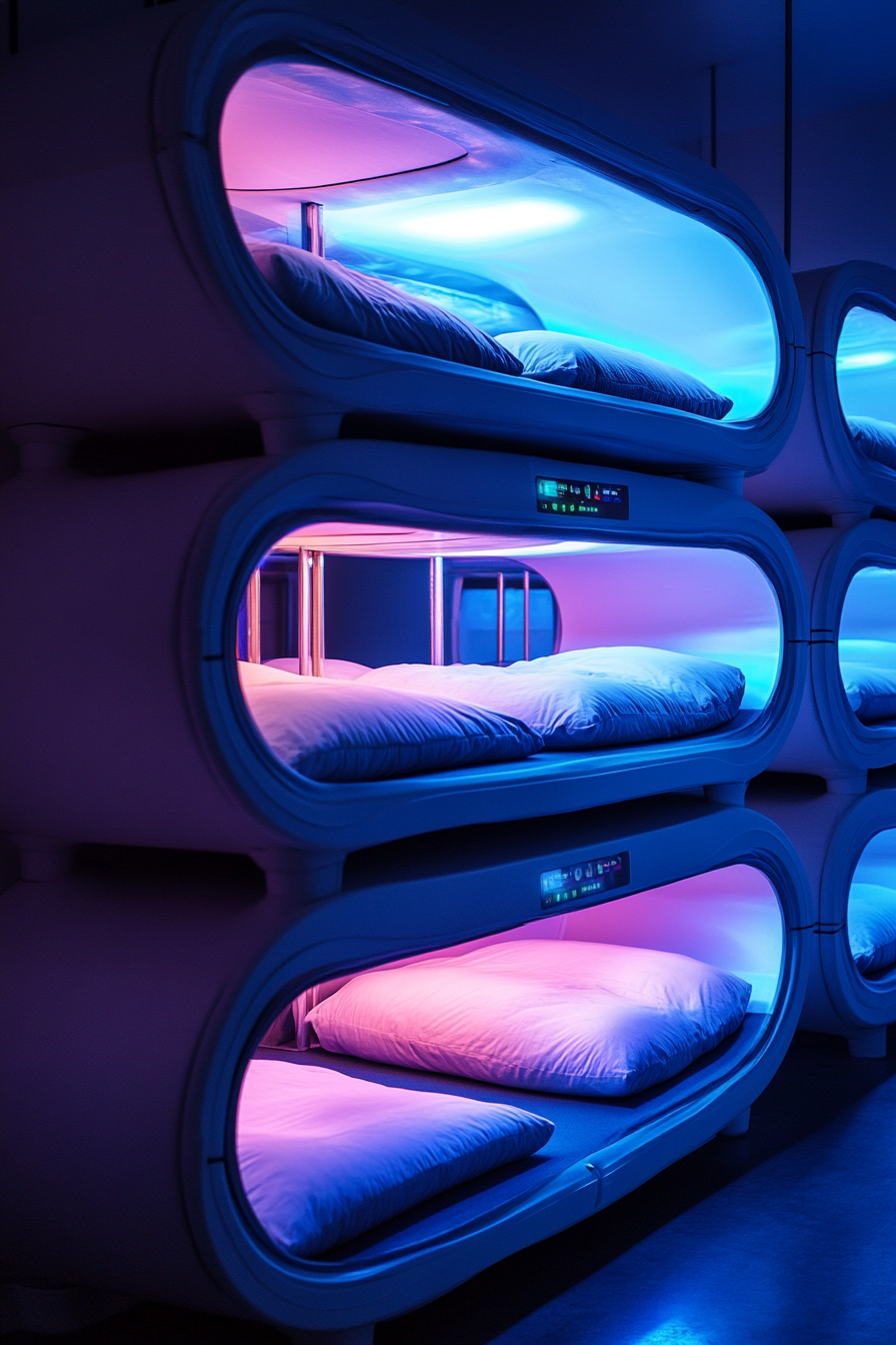 Stacked sleeping pods. Bluish light implementing UV disinfection technology.