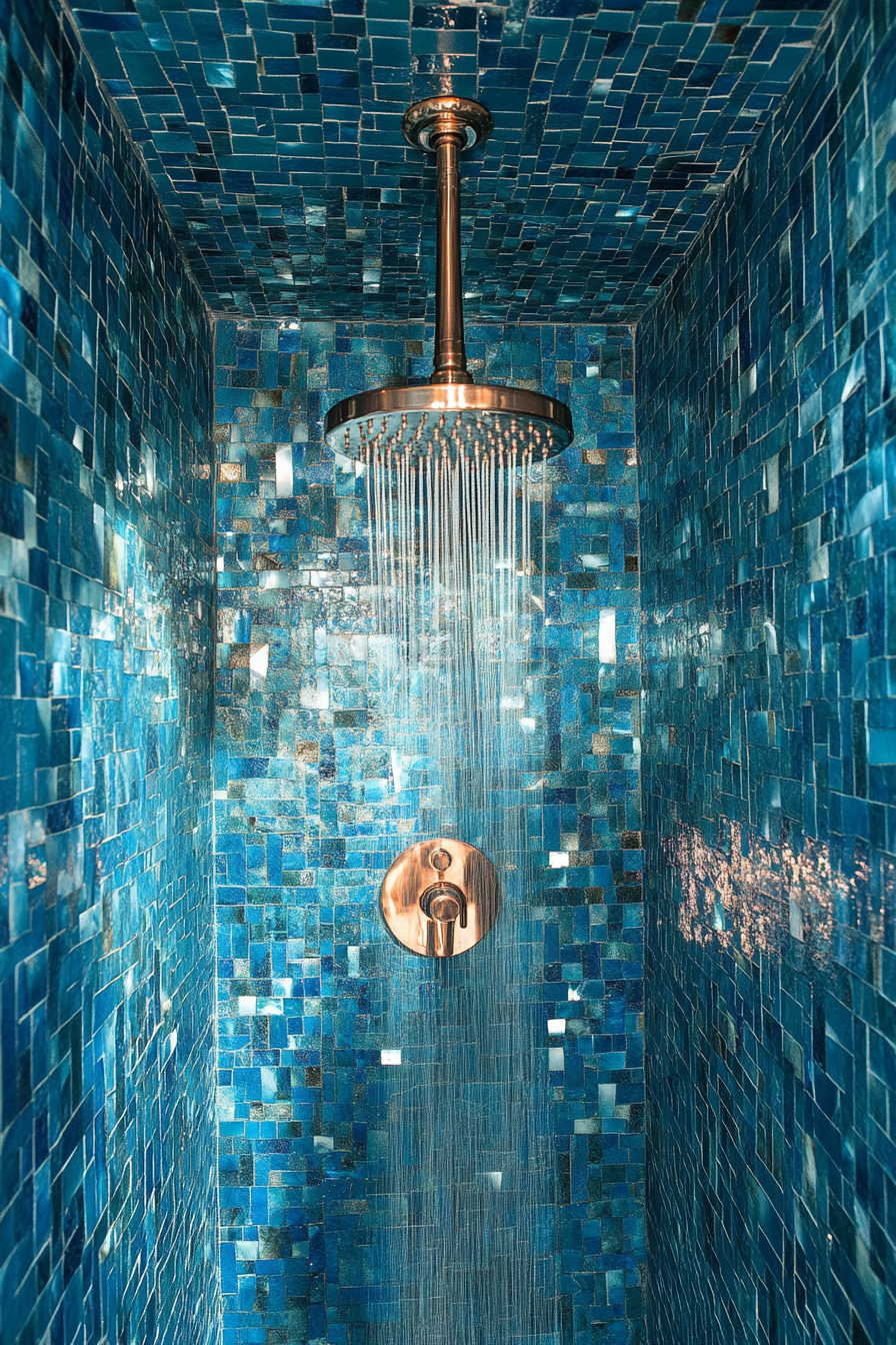 Tiny beach house shower. Blue mosaic tile with copper shower head.