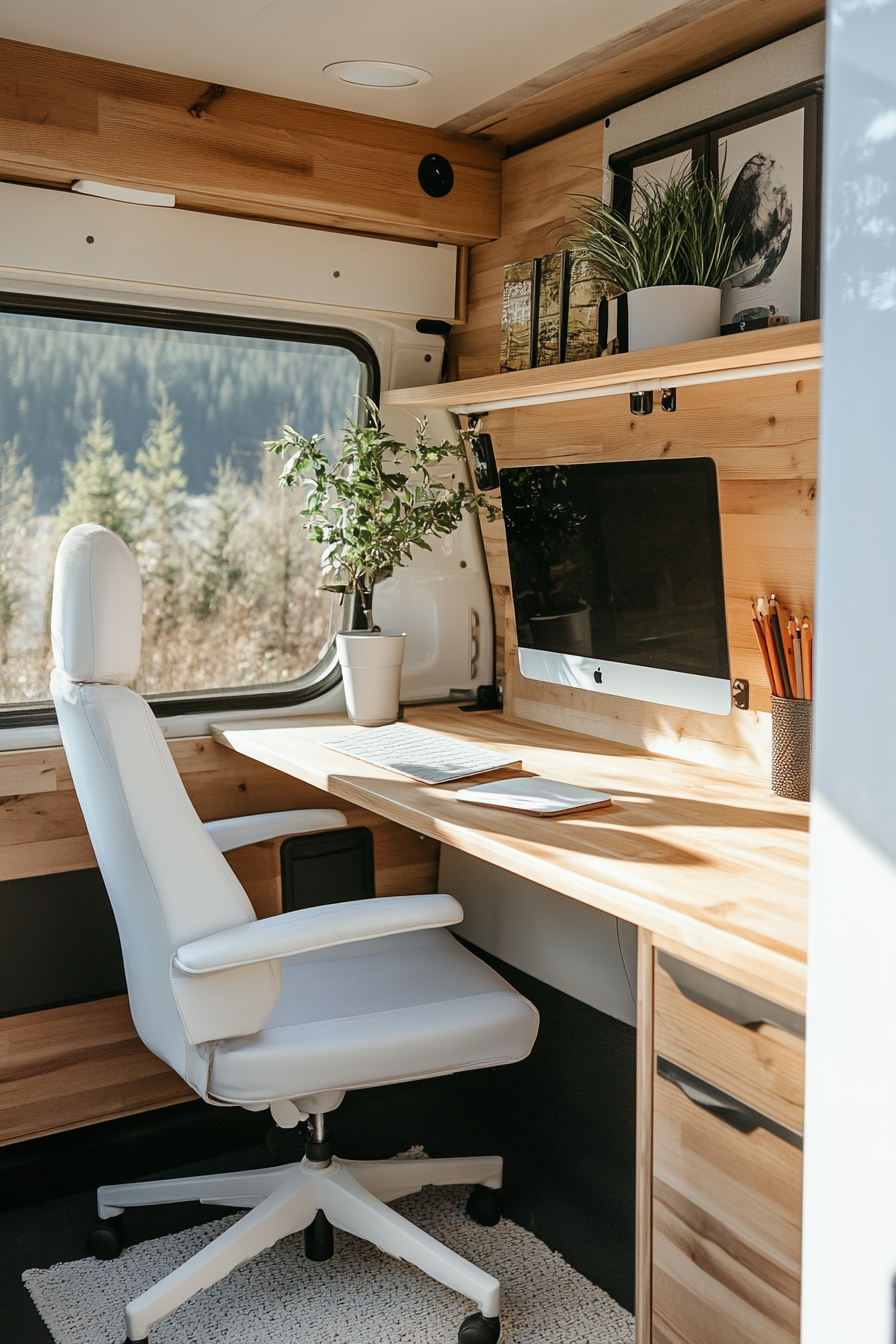 Remote work camper interior. Plywood desk with ergonomic white chair.