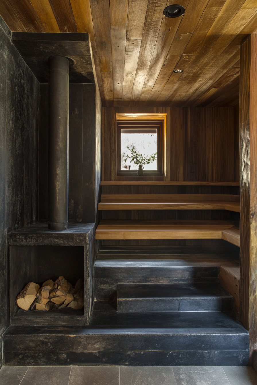 Sauna room design. Cast iron wood-burning stove with three-level cedar tiered bench.