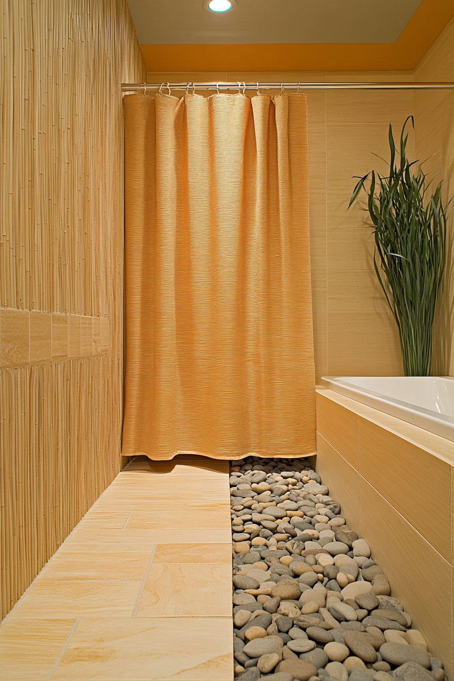 Tiny eco-bathroom concept. A shall triangles wavy pattern bamboo shower curtain with river rock flooring.