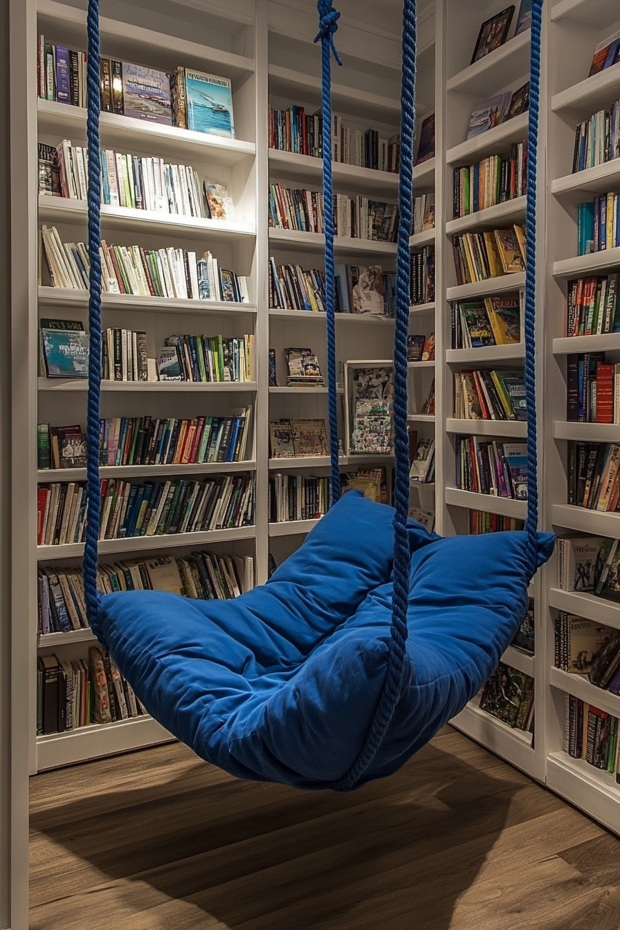 Reading sanctuary. White wooden bookshelves surrounding a blue nautical styled rope swing chair.