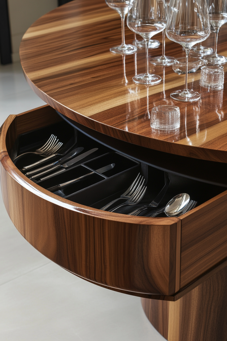 Dining Table. Oval shaped with concealed drawer for cutlery.