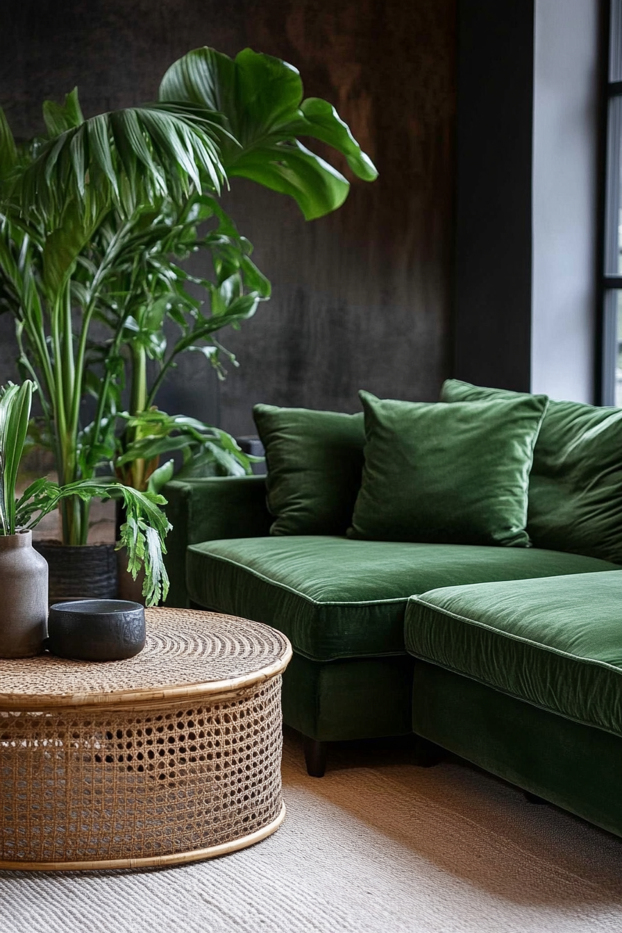 Upper level design. Velvet green corner sofa and round rattan coffee table.