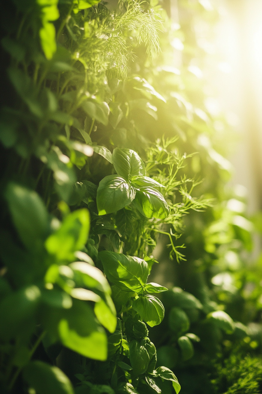 Living wall. Hydroponic system with basil and dill under diffuse sunlight.