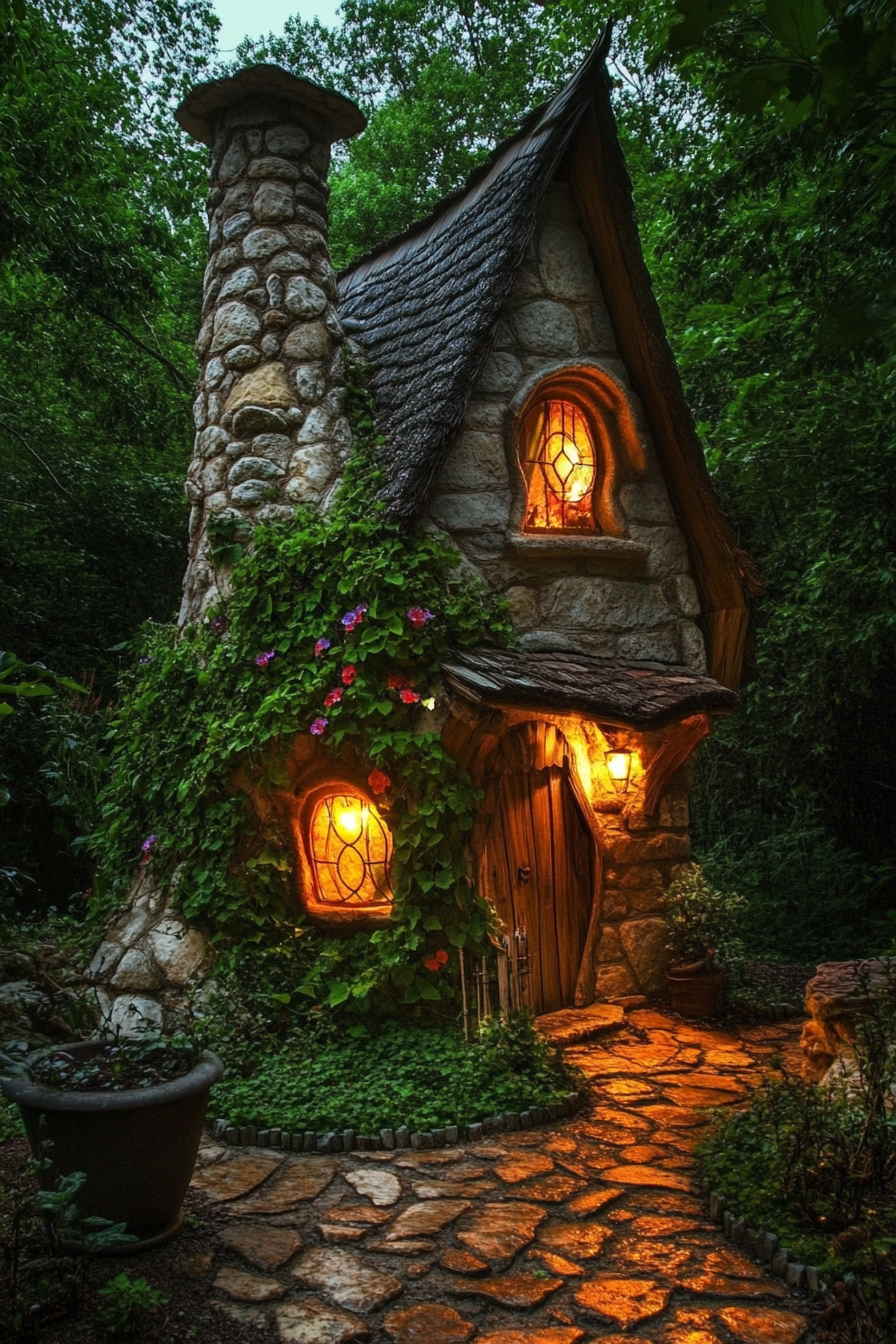 Micro home design. Crooked chimney with blooming ivy, thatched roof, glowing cobblestone path.