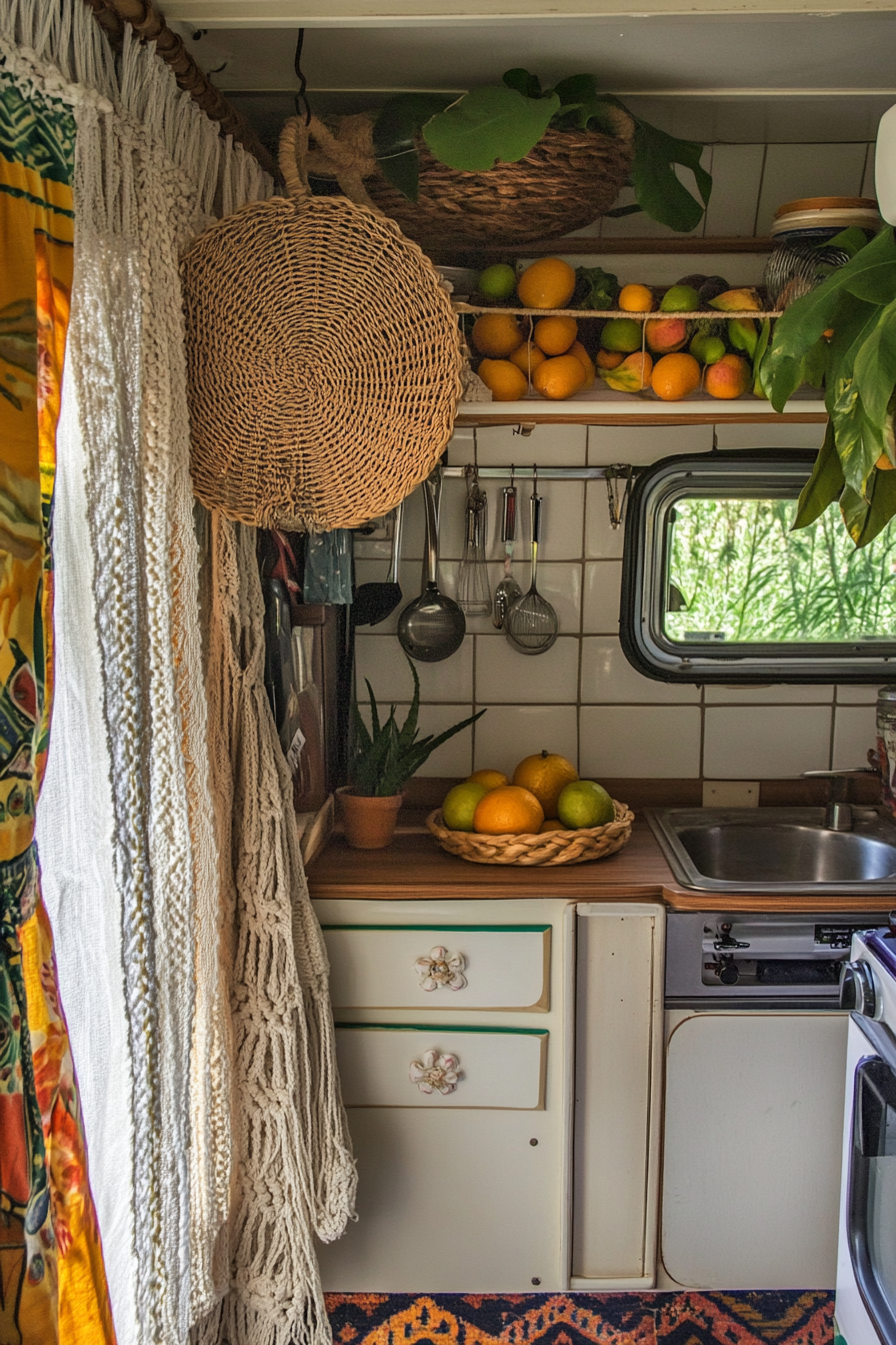 Bohemian camper kitchen. Macramé curtains with hanging rattan fruit basket.