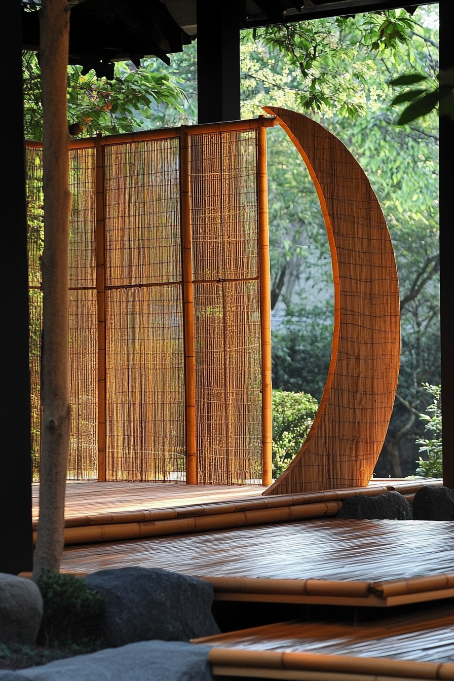 Elevated platforms. Bamboo platform with moon-shaped sliding shoji screen.