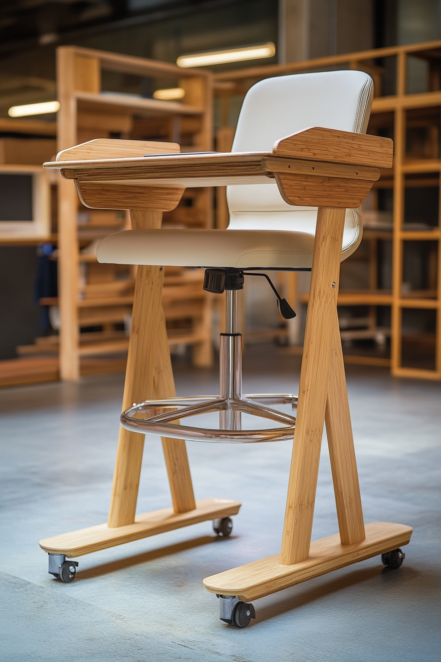 Mobile workspace design. Bamboo standing desk with beige ergonomic chair.