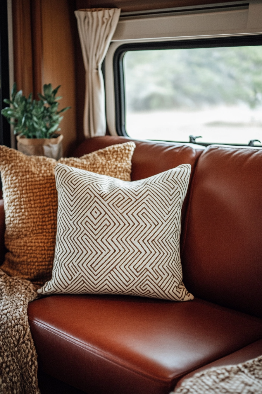 Bauhaus fall RV decor. Neutral color geometric throw pillow on burgundy leather couch.