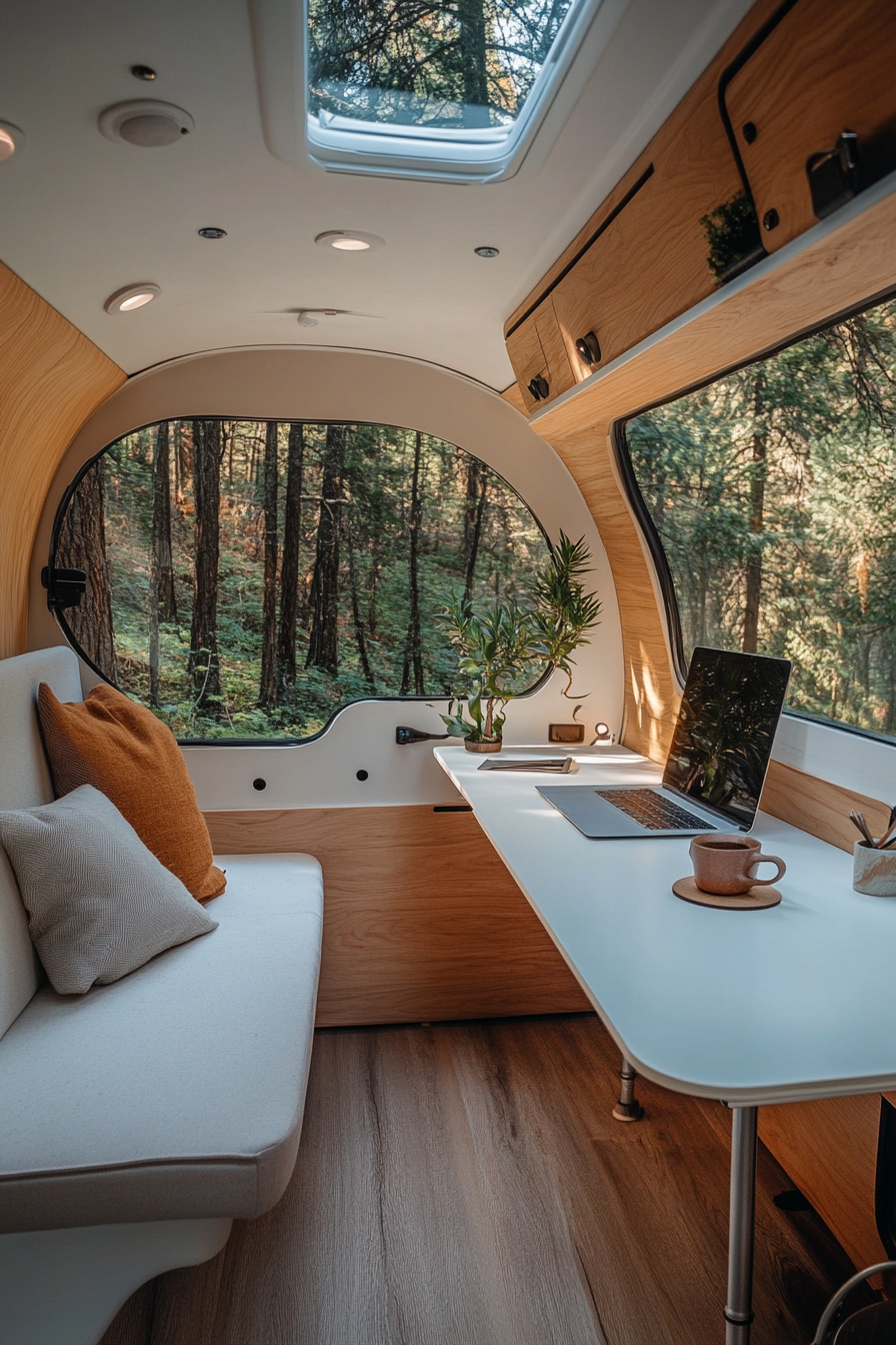 Remote Work Camper Interior. Futuristic sleek white desk with a plywood partition.