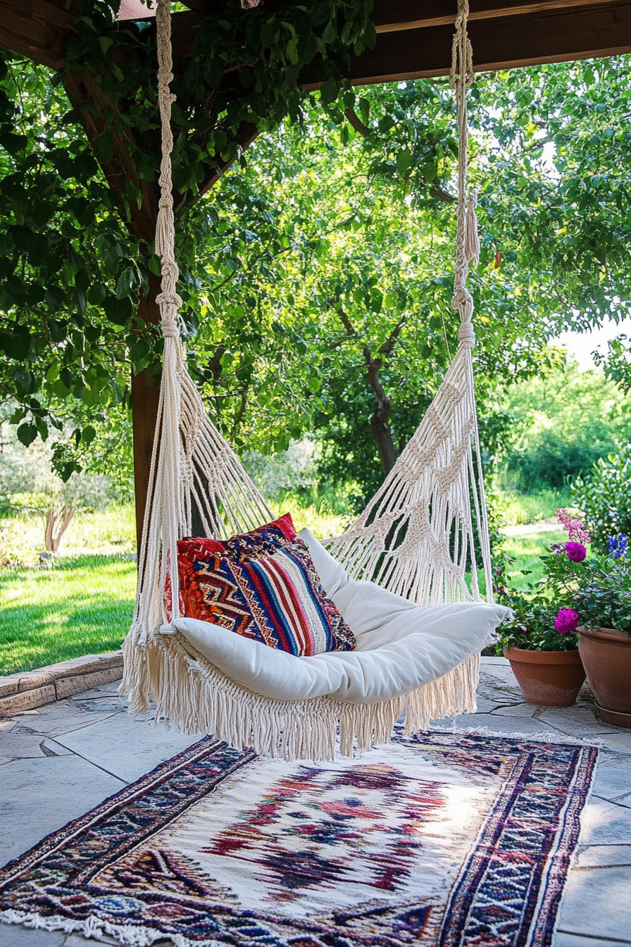 Bohemian patio. White macramé hanging chair with multicolor kilim rug layers.