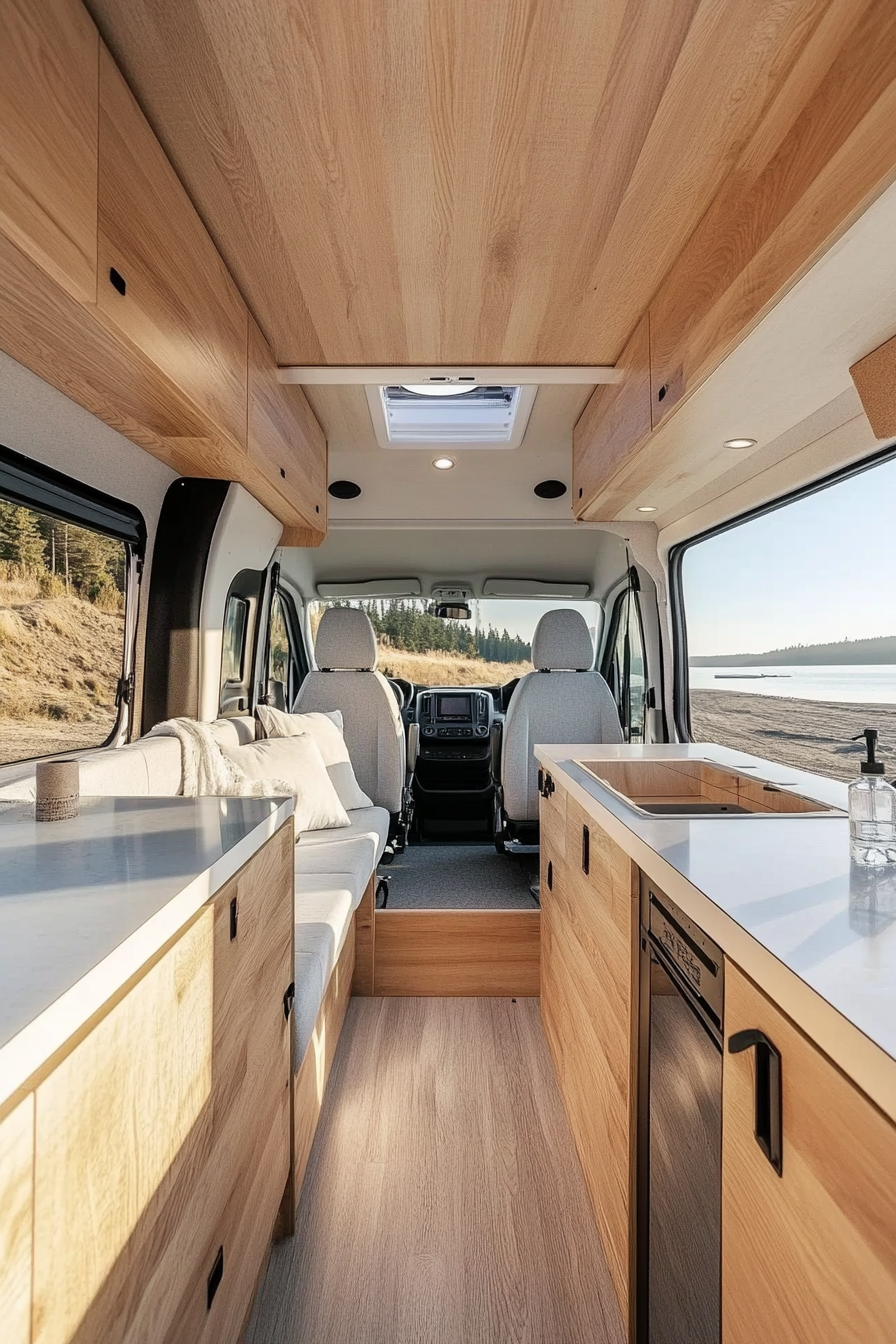 Remote work camper interior. Plywood cabinets and white quartz countertop.