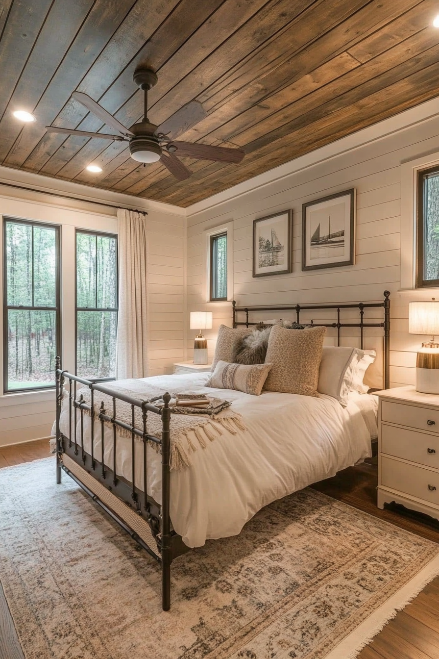 Rustic-chic bedroom. Shiplap ceiling with white iron bed frame.