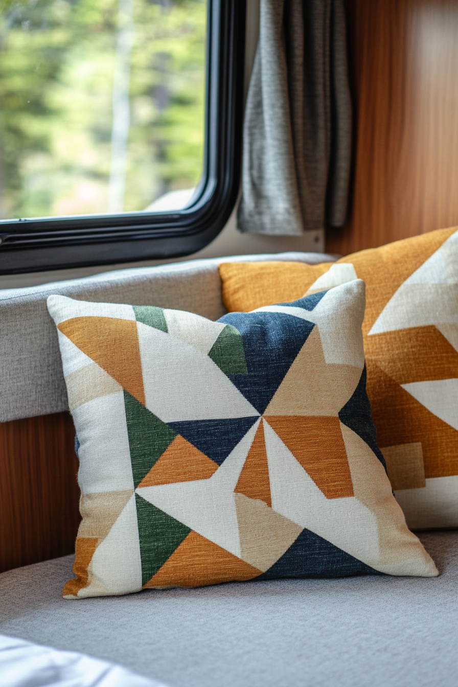 Fall RV decor. Geometric pattern cushions in muted primary Bauhaus palette.