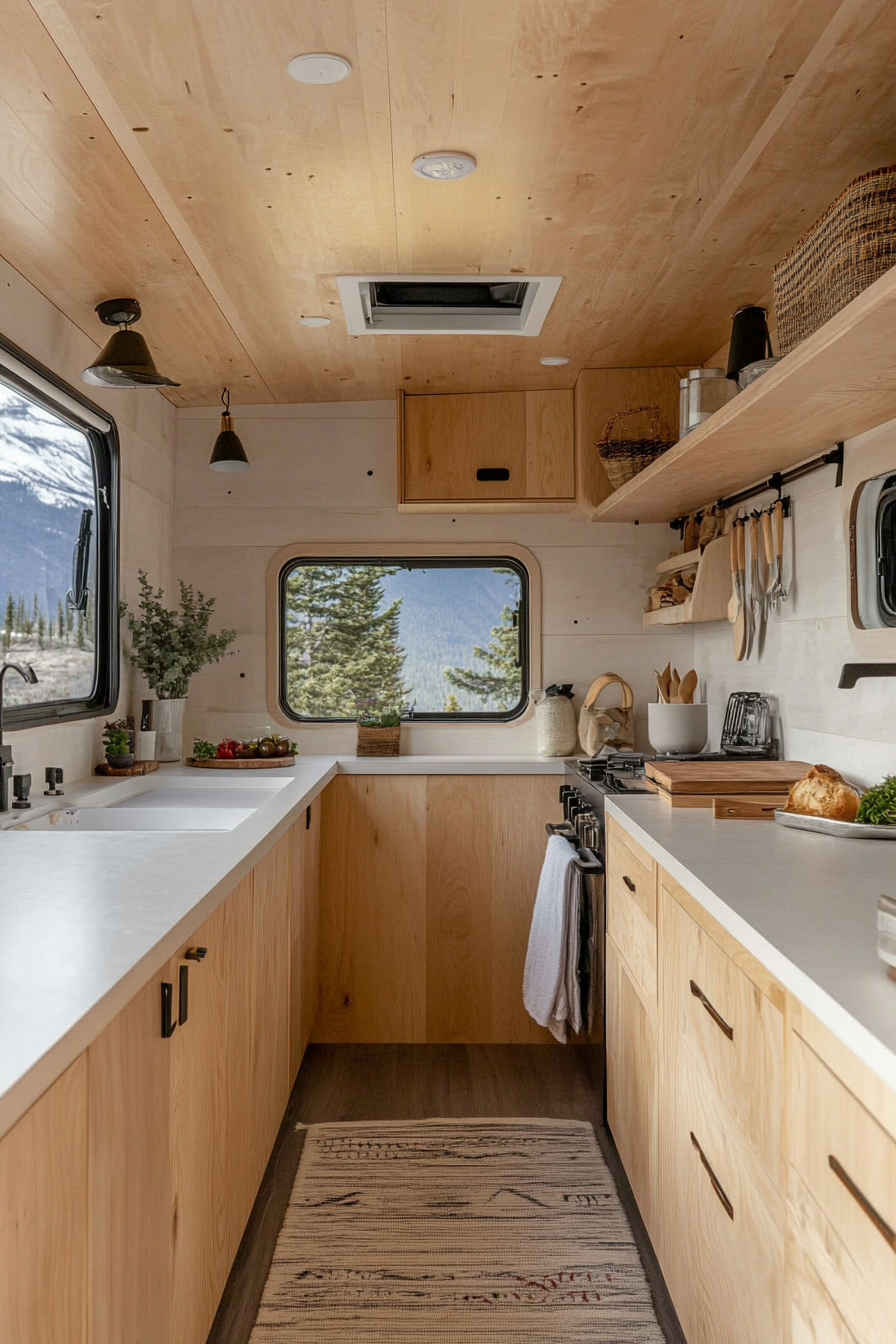 Remote work camper interior. White quartz countertop with plywood cabinets.