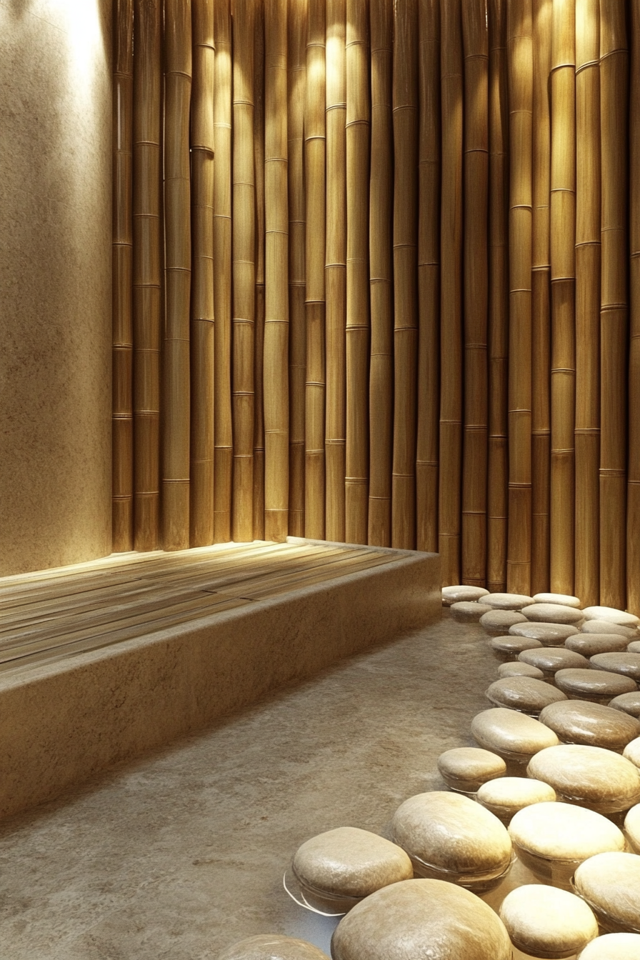 Tiny eco-bathroom concept. Minimalistic design with bamboo walls and river rock floor.