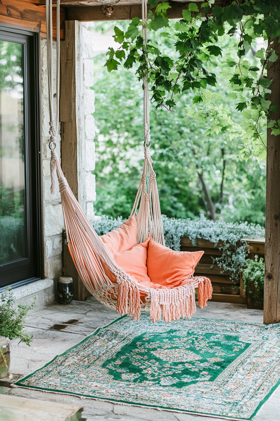 Bohemian patio. Coral macramé hanging chair with green kilim rug.