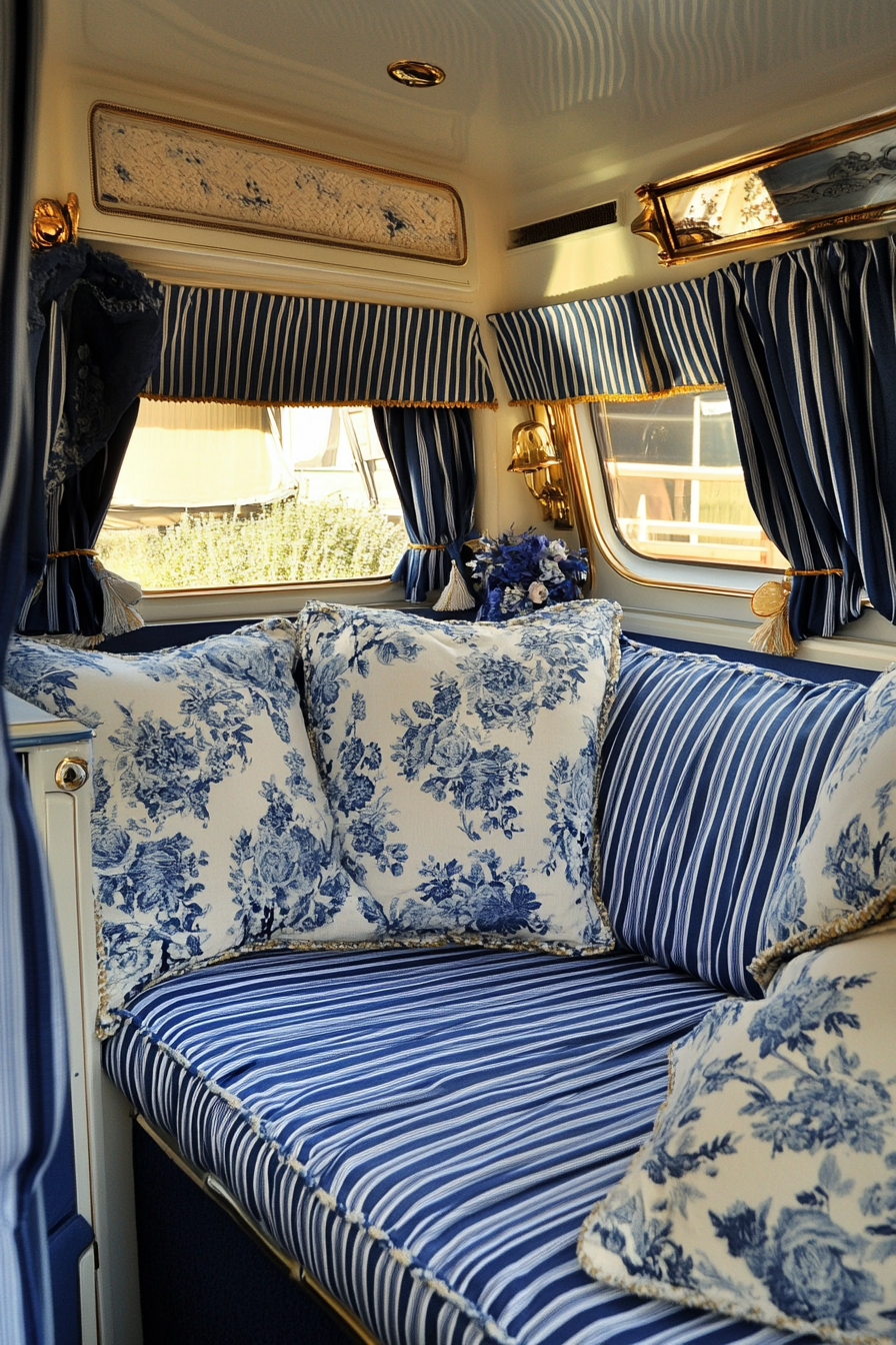 Camper design. Blue chintz upholstery with striped navy curtains.