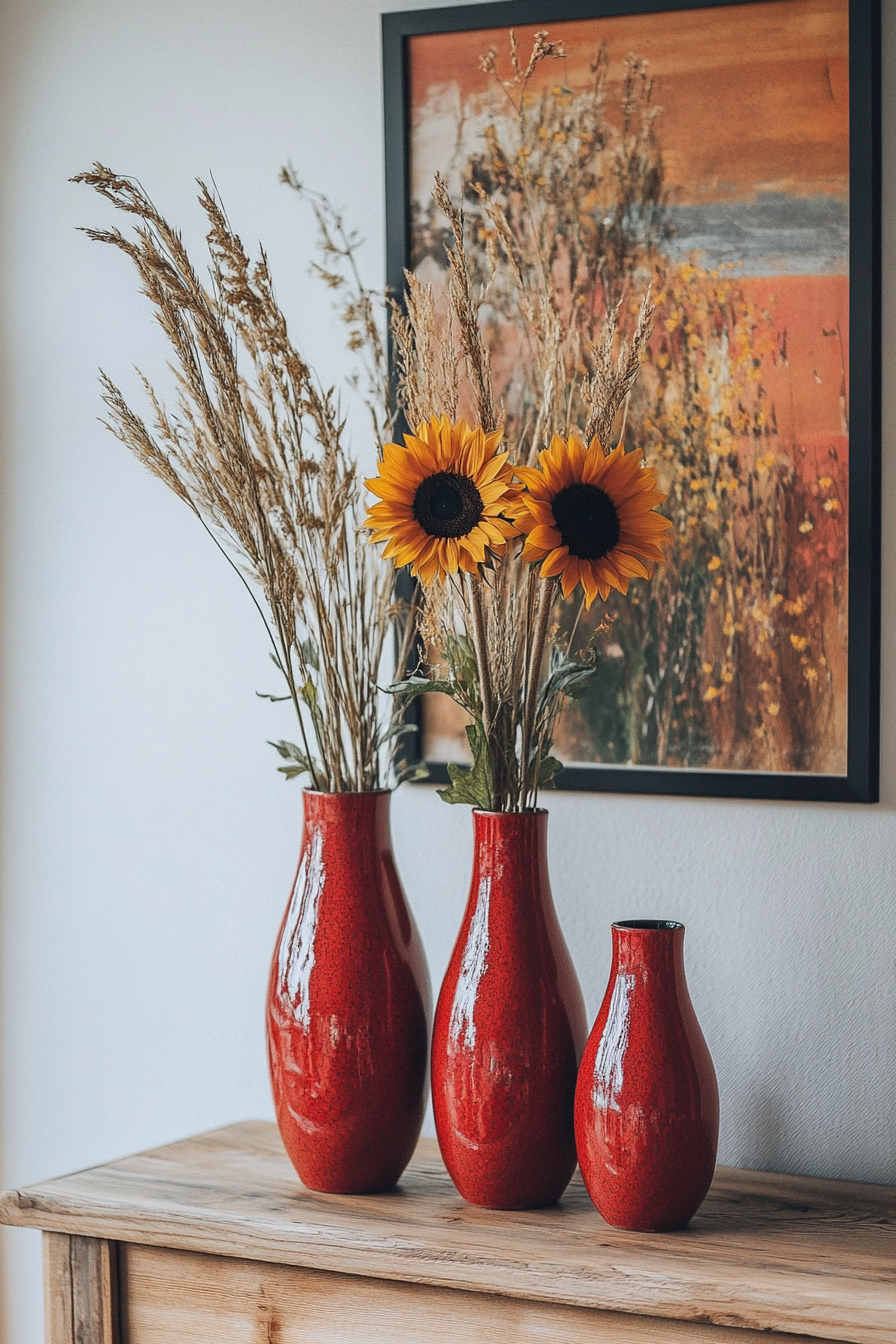 Bauhaus Fall RV decor. Asymmetric red ceramic vases with dried sunflowers.