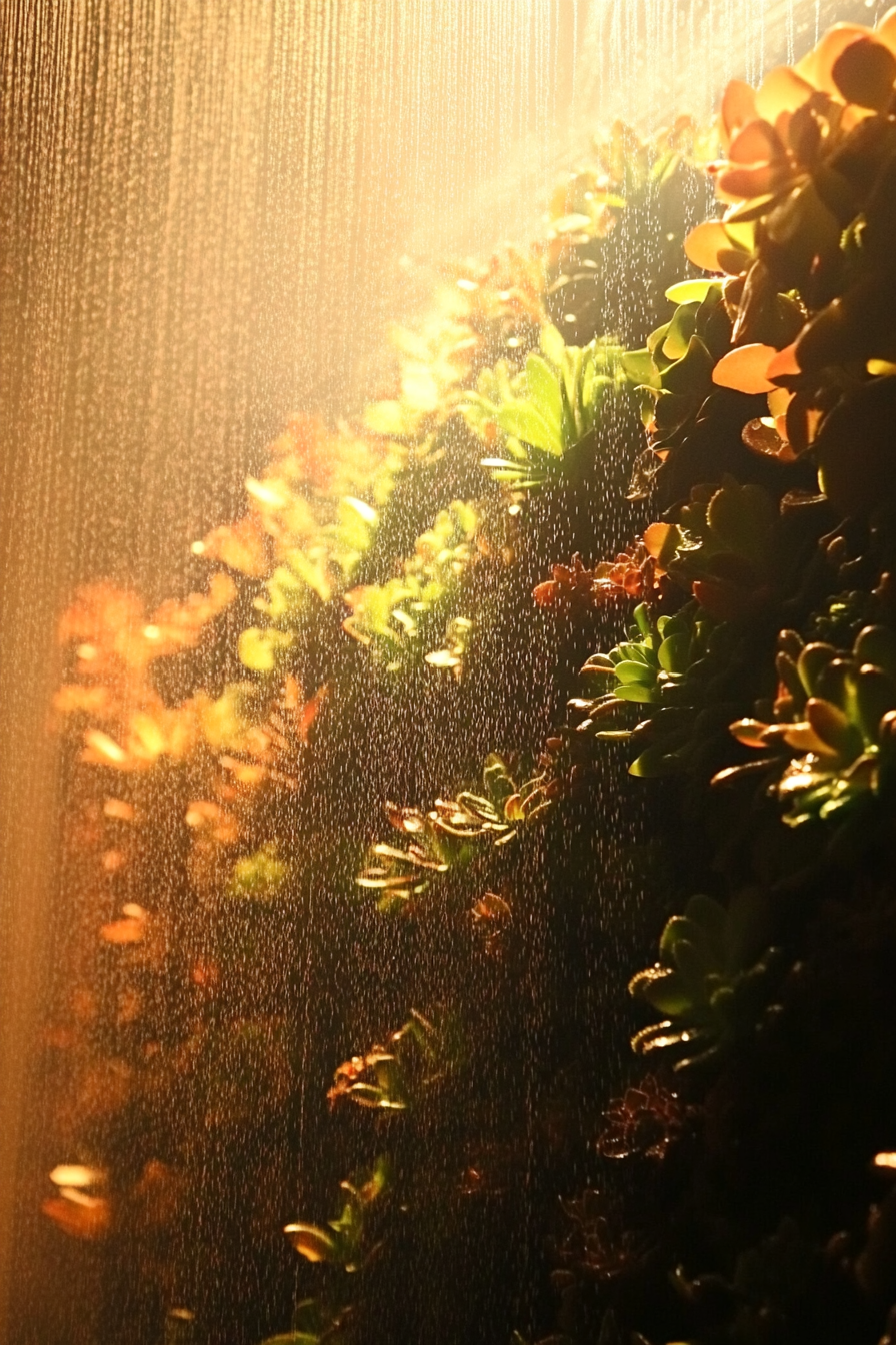 Living wall. Succulent hydroponics under soft, filtered amber light.