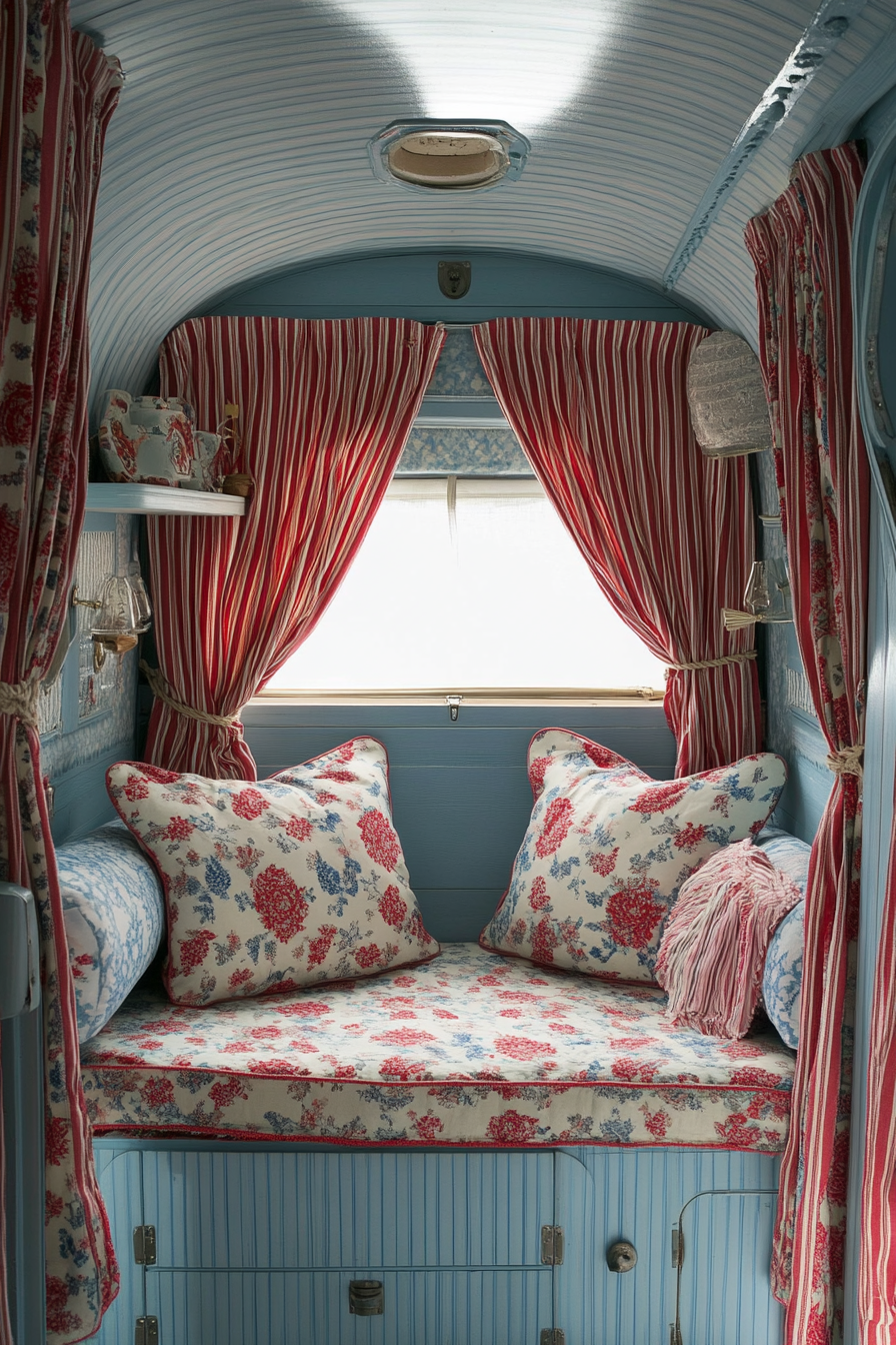 Seaside-inspired camper design. Blue chintz upholstery with red-striped curtains.