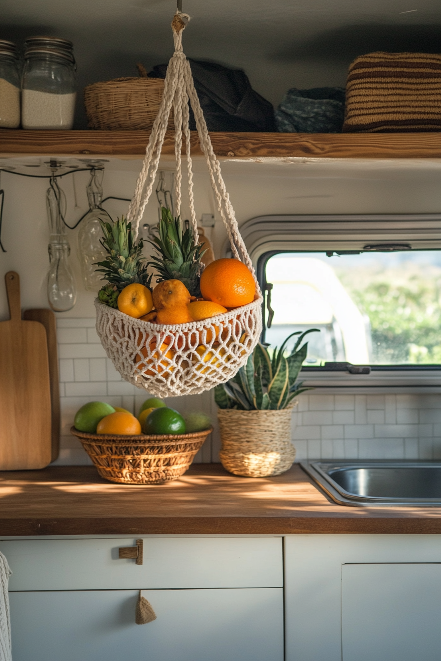 Bohemian camper kitchen. Macramé hanging fruit basket by rattan cabinetry.