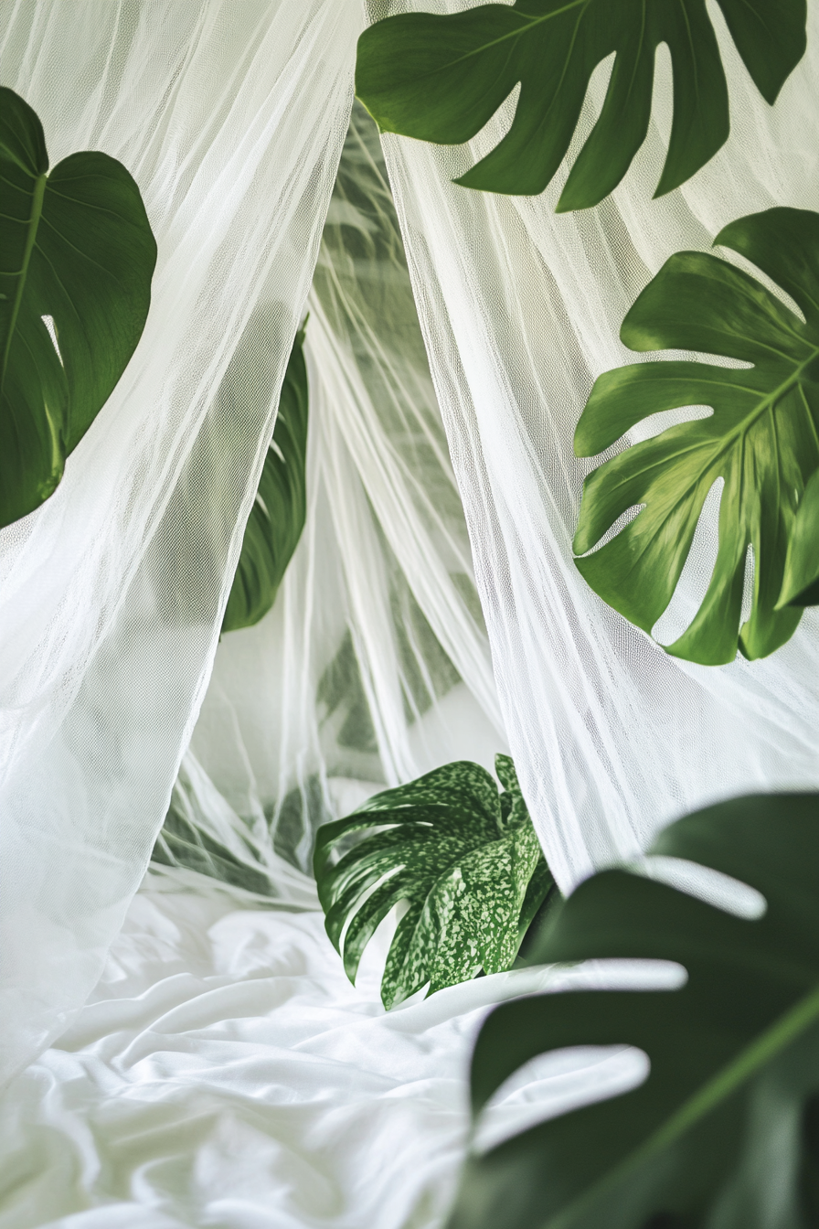 Sleeping nook. White mosquito net drapes with monstera leaves.