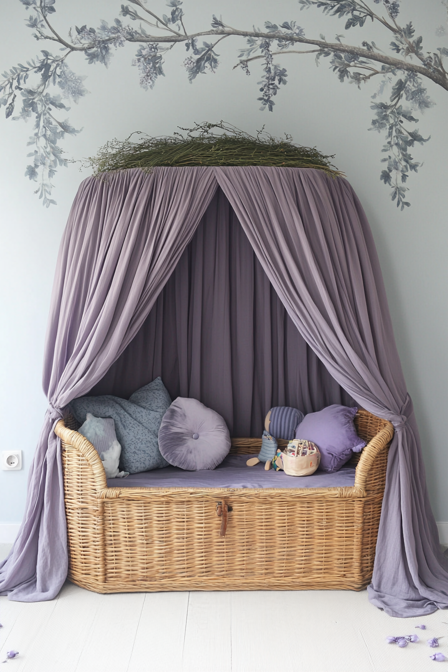 Dreamy play area. Silk lavender canopy over rustic wicker toy chest.