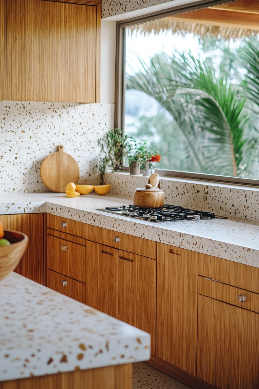 Cooking space. Bamboo cabinets with white Terrazzo countertops.