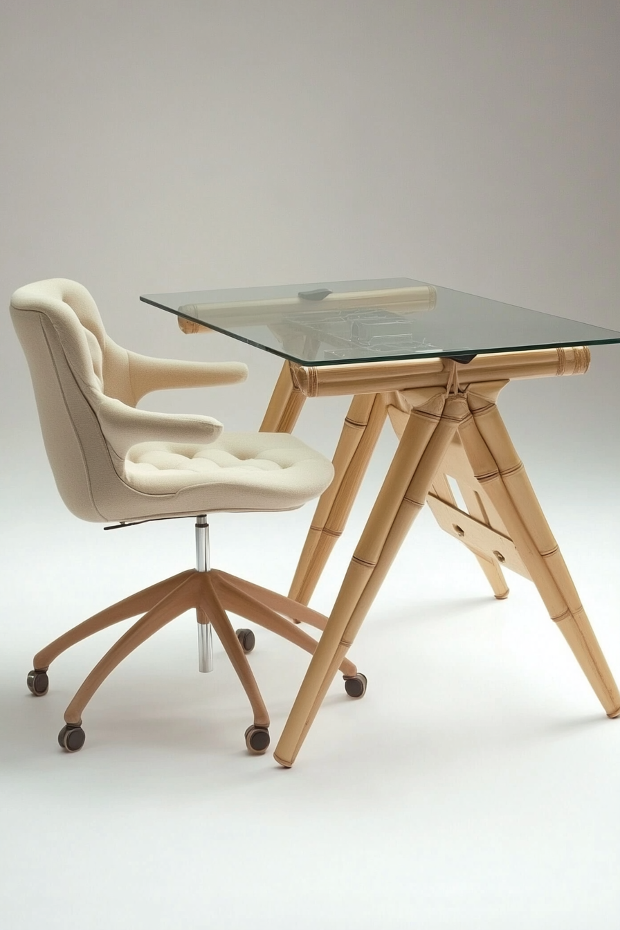 Mobile workspace design. Glass desk with bamboo legs and beige office chair.