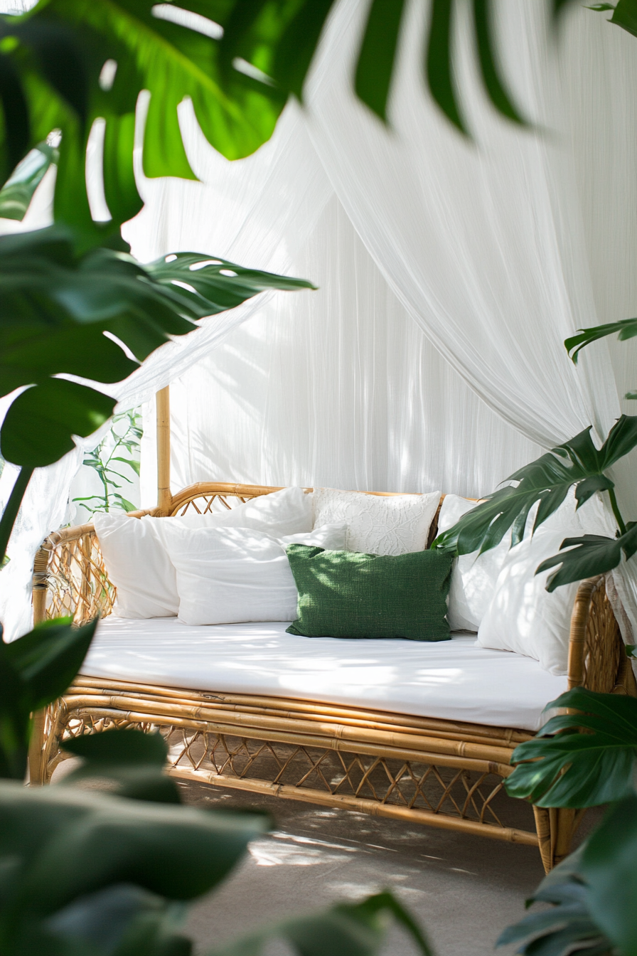 Sleeping nook. Mosquito net drapes, Bamboo bed frame, lush Monstera plants.