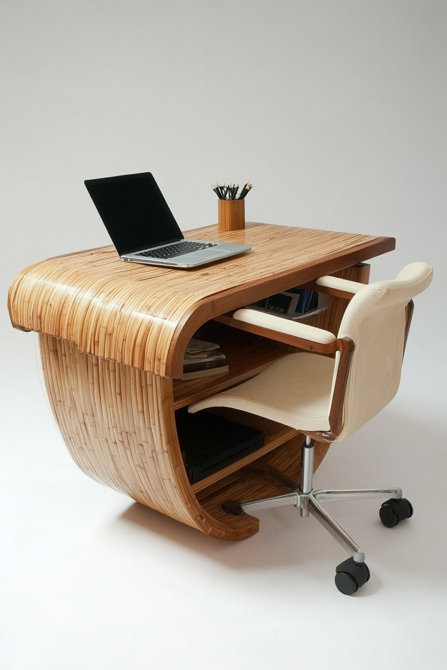 Mobile workspace design. Bamboo desk with cream rollover chair.