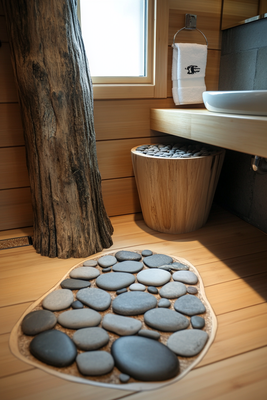 Tiny eco-bathroom concept. Natural bamboo flooring with river rock bath mat.