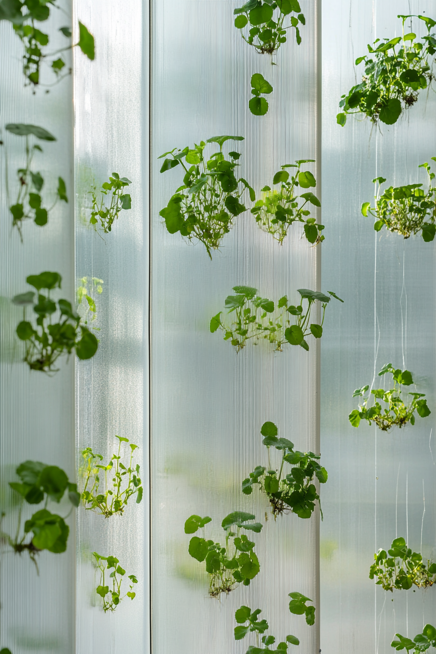 Wall-mounted nutrient film system. Porous panelling for watercress growth.