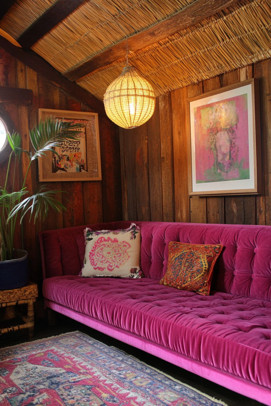 Upper level design. Velvet futon under a rattan ceiling in a small loft area.