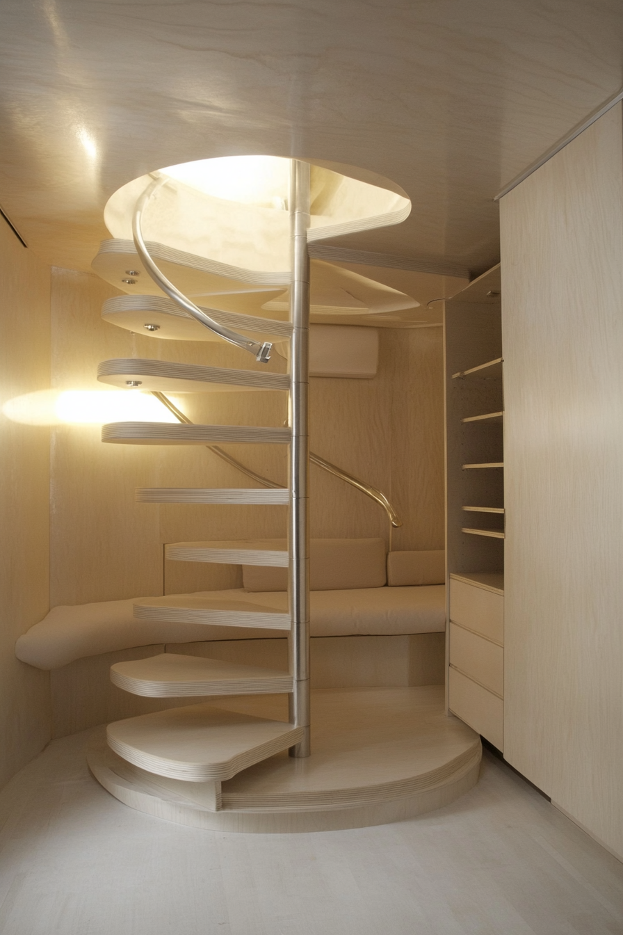 Micro living concept. Spiral staircase to a panoramic attic loft.