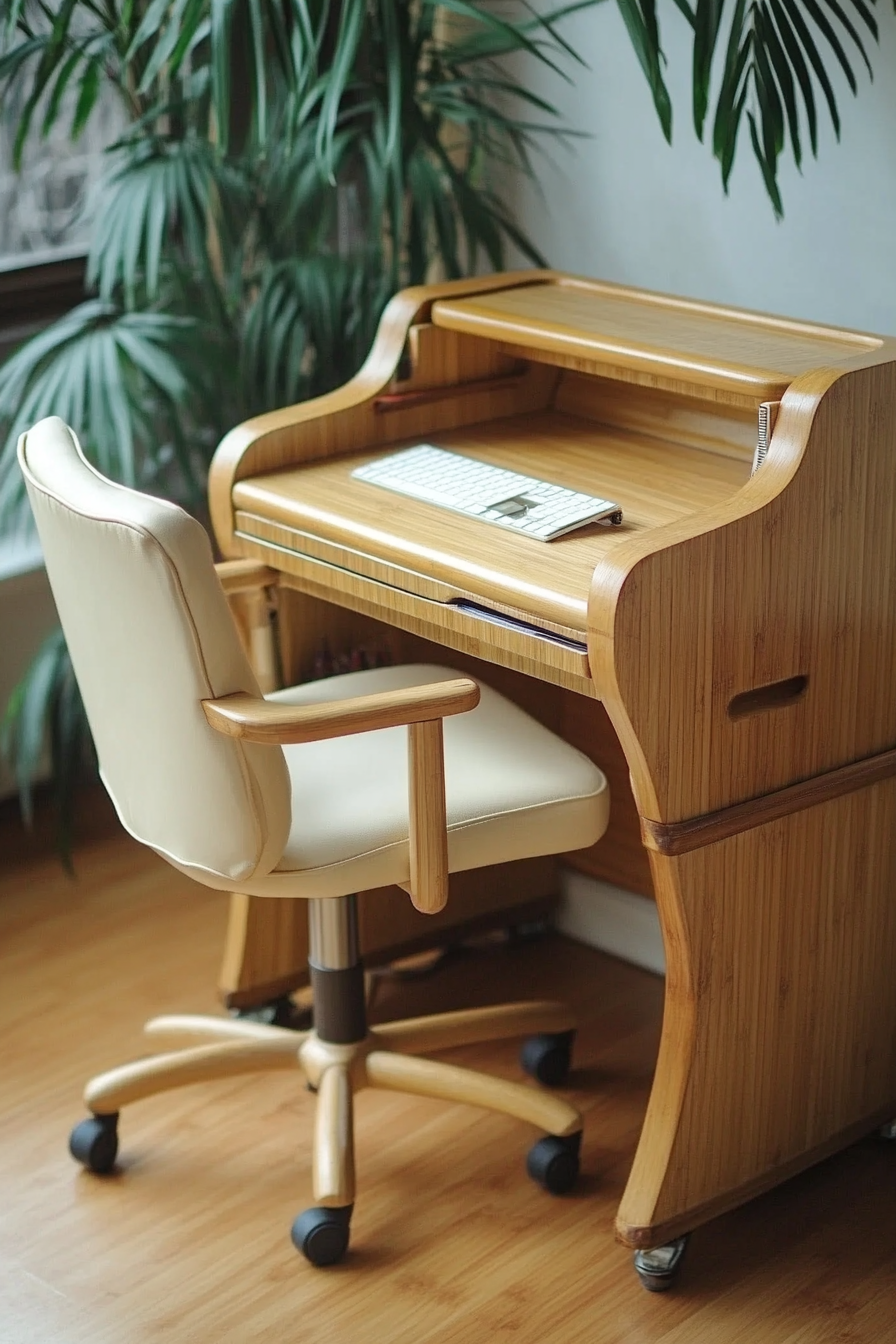 Compact workspace idea. Bamboo desk with cream-colored roller chair.