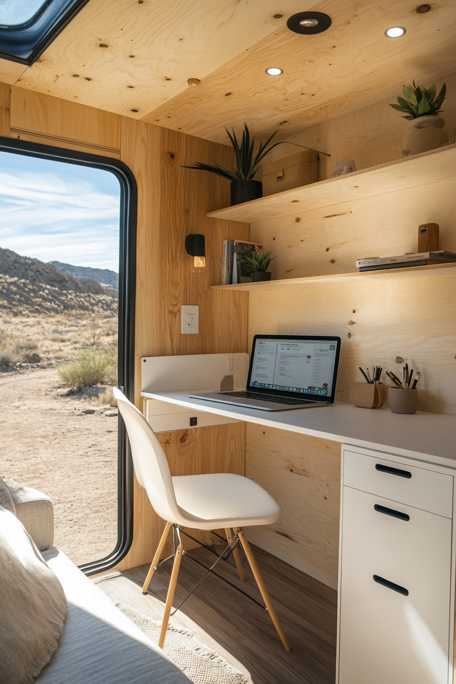 Remote work camper interior. Plywood walls and white pull-out desk.