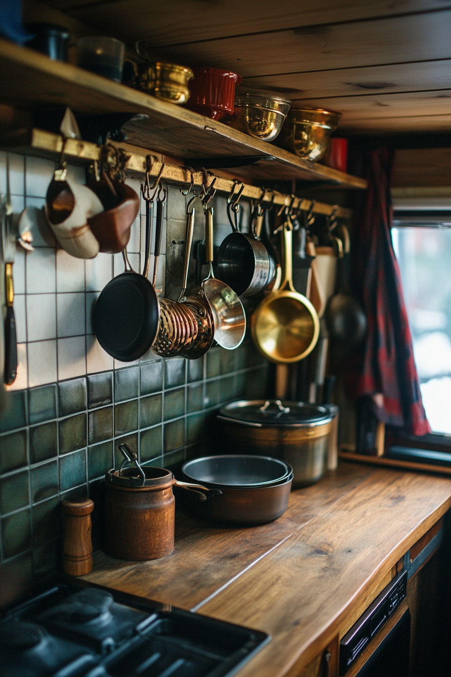 Tiny house storage solution. Brass-finish hanging pots and pans rack.