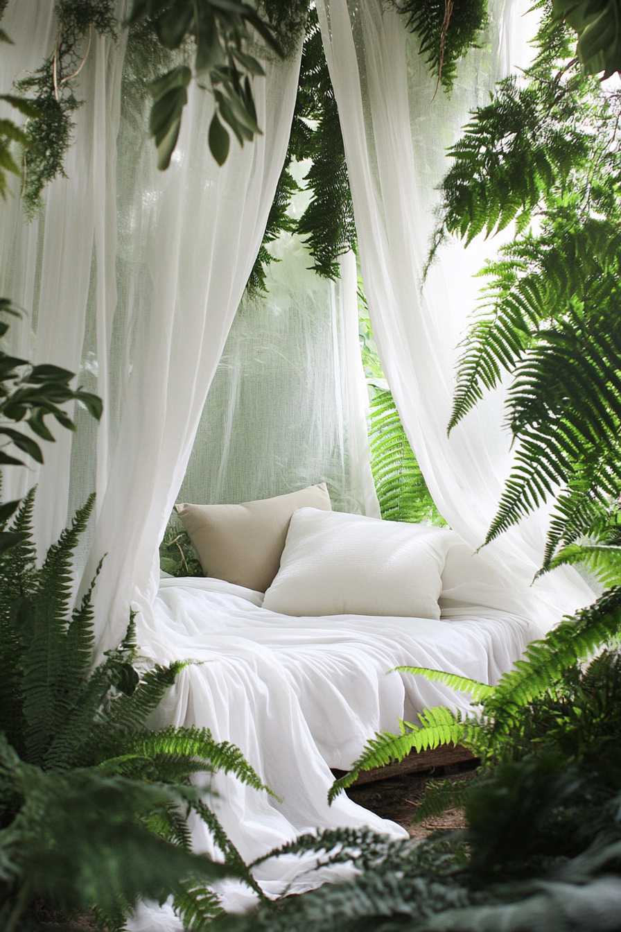 Sleeping nook. White mosquito net drapes and a surrounding of lush ferns.