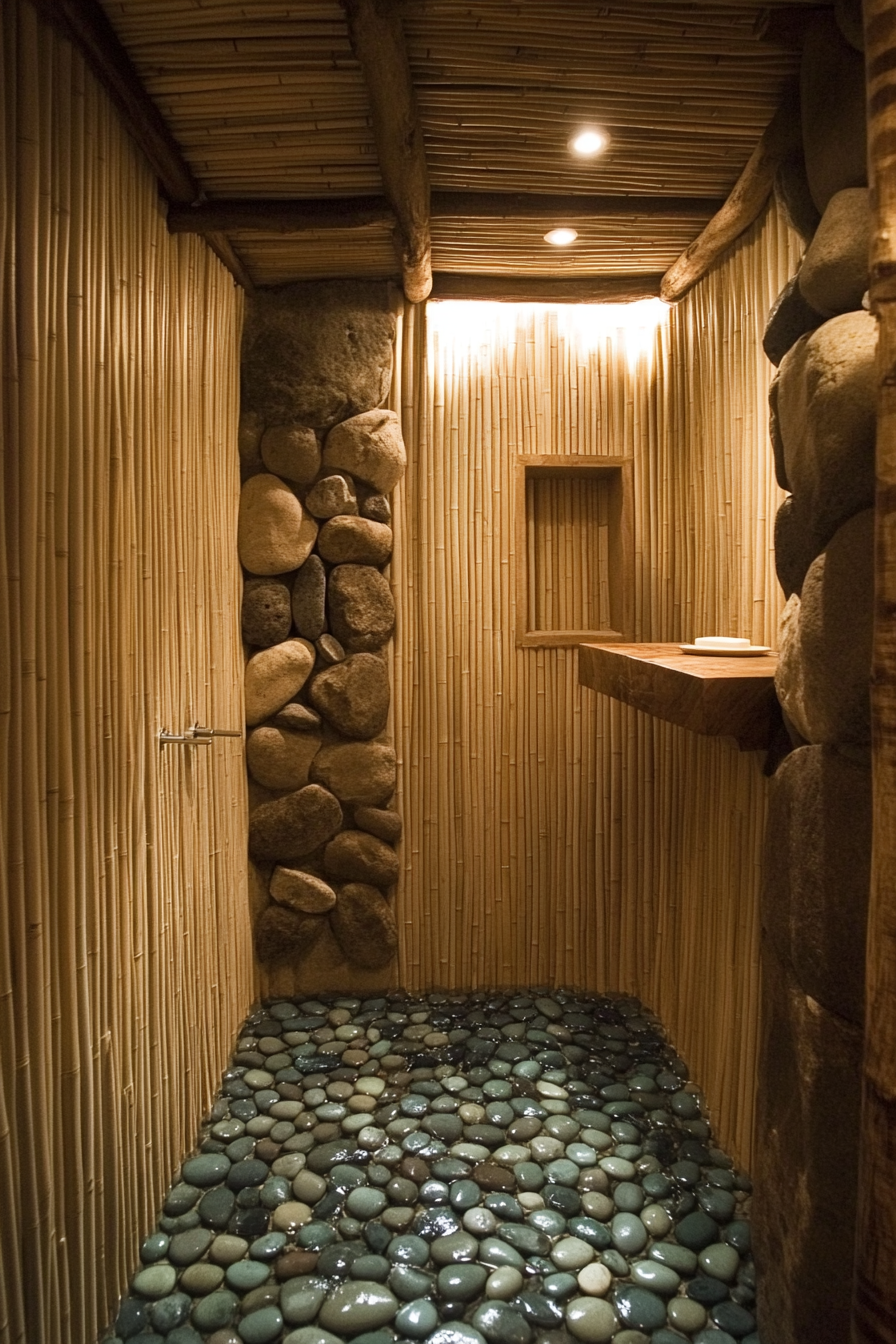 Tiny eco-bathroom concept. Bamboo walls with River rock shower floor.