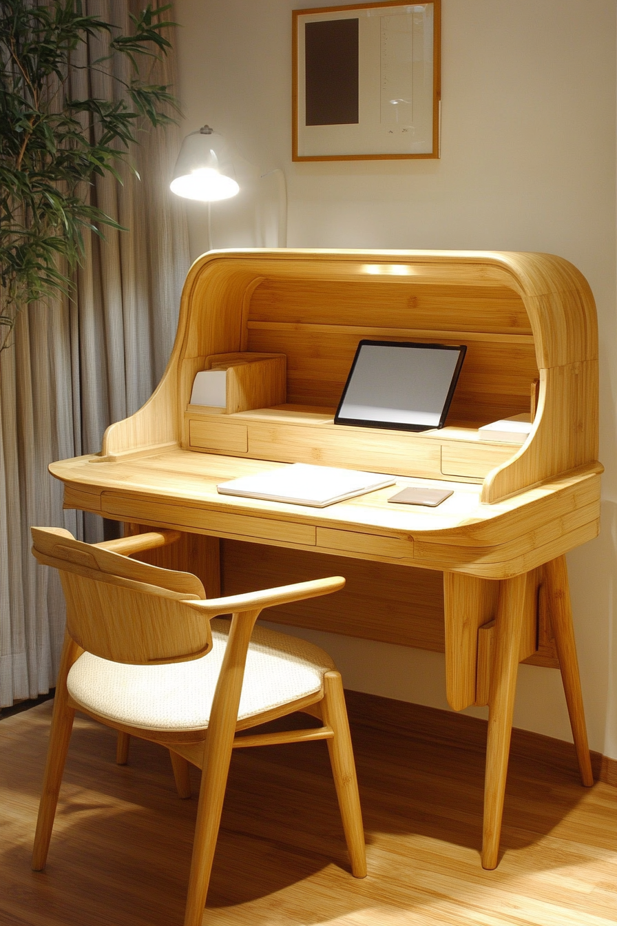 Compact workspace idea. Bamboo desk with simple matching chair in neutral tones.